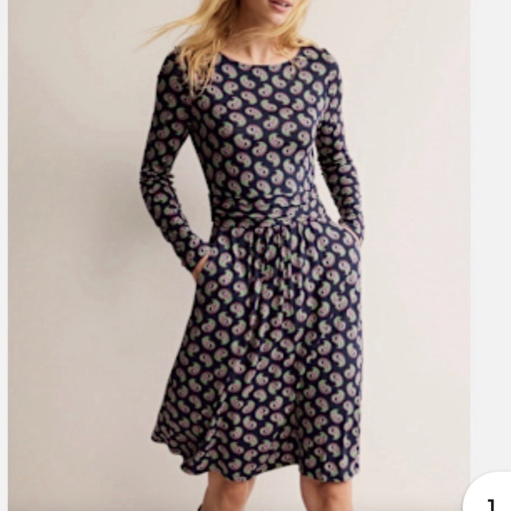 Boden Abigail Jersey Dress Women 12R Blue Paisley Feminine Romantic Pockets